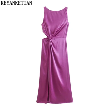 KEYANKETIAN zīda tekstūra midi svārki sieviešu vasaras jaunu mezgloto izgriezums atvērt vidukļa elegants temperaments violeta kleita bez piedurknēm