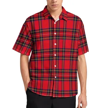 Sarkani Melnā Pleds Ikdienas Krekls Vīriešu Vintage Royal Seģene Havaju Krekls Modes Blūzes Īstermiņa Piedurknēm Oversize