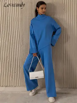 Sieviešu Trikotāžas Divas Gabals Komplekti Cietā Augsta Apkakle Puloveri+Plaša Kāju Bikses Nelegālo Uzvalks 2022 Rudens Ziemas Modes Brīvs Apģērbs